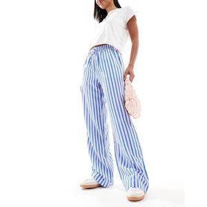 Bershka tie waist wide leg linen look trousers in blue & pink stripe Size M
